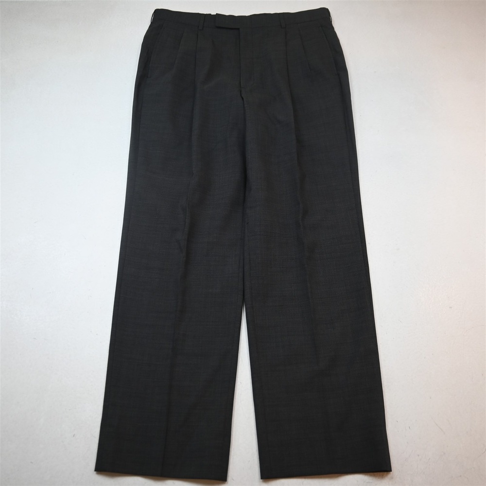 Vtg Y2K 2000s 34x32 Gray Sharkskin 100% Wool Pleated Classic Dress Mens Pants